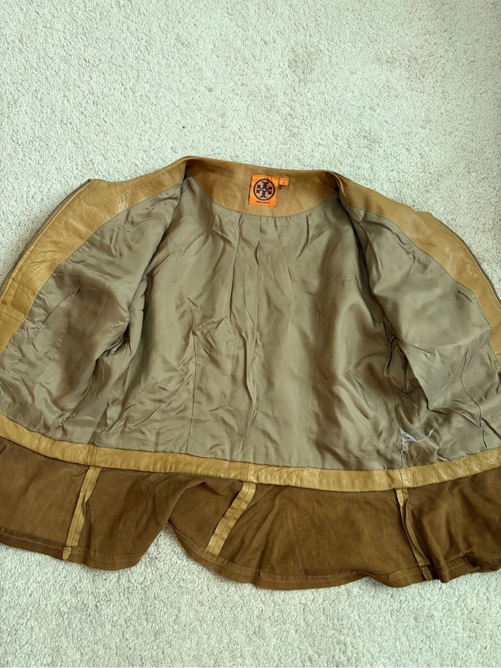 Tory Burch Ruffle Leather Jacket Tan Cognac Brown 3/4 Sleeve Full Zip Women Sz 6